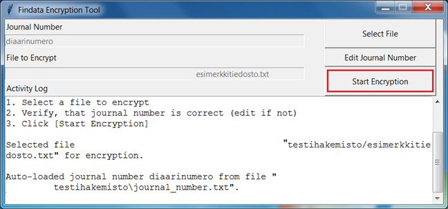 Kuvakaappaus salausohjelmasta. Käynnistä salausprosessi painamalla "Start encryption".